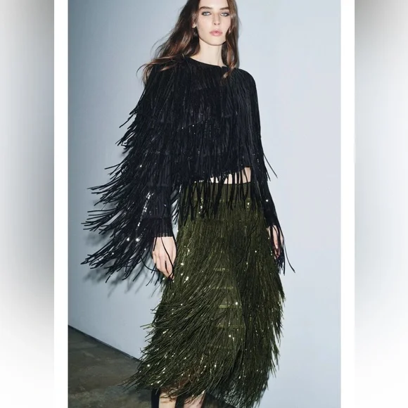 Zara ZW COLLECTION LIMITED EDITION FRINGED SEQUIN SKIRT - Picture 2 of 11